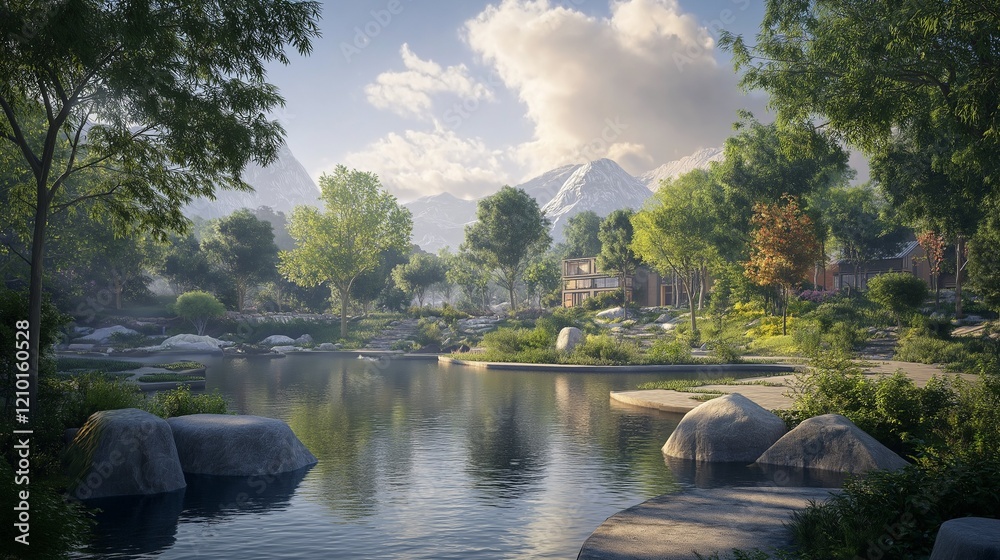 Fototapeta premium A serene lake is hidden in a green valley, surrounded by high mountains and snow-capped peaks in the distance. 