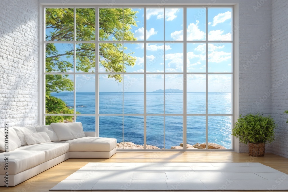 Fototapeta premium Luxurious great room with azure seascape
