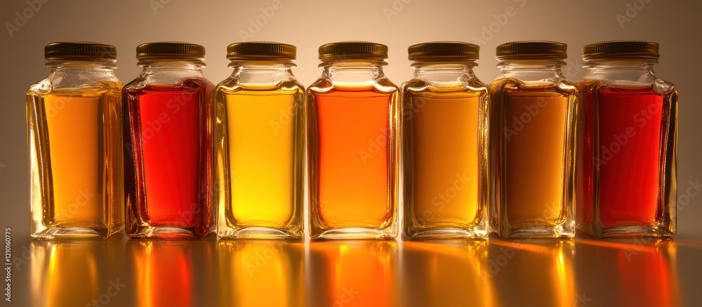 Honey varieties in glass jars, studio shot, golden background, food industry Honey varieties in glass jars, studio shot, golden background, food industry