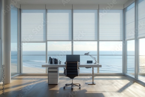 Modern home office with beachfront terrace