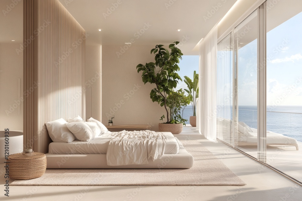 Fototapeta premium Luxury penthouse bedroom with sea horizon