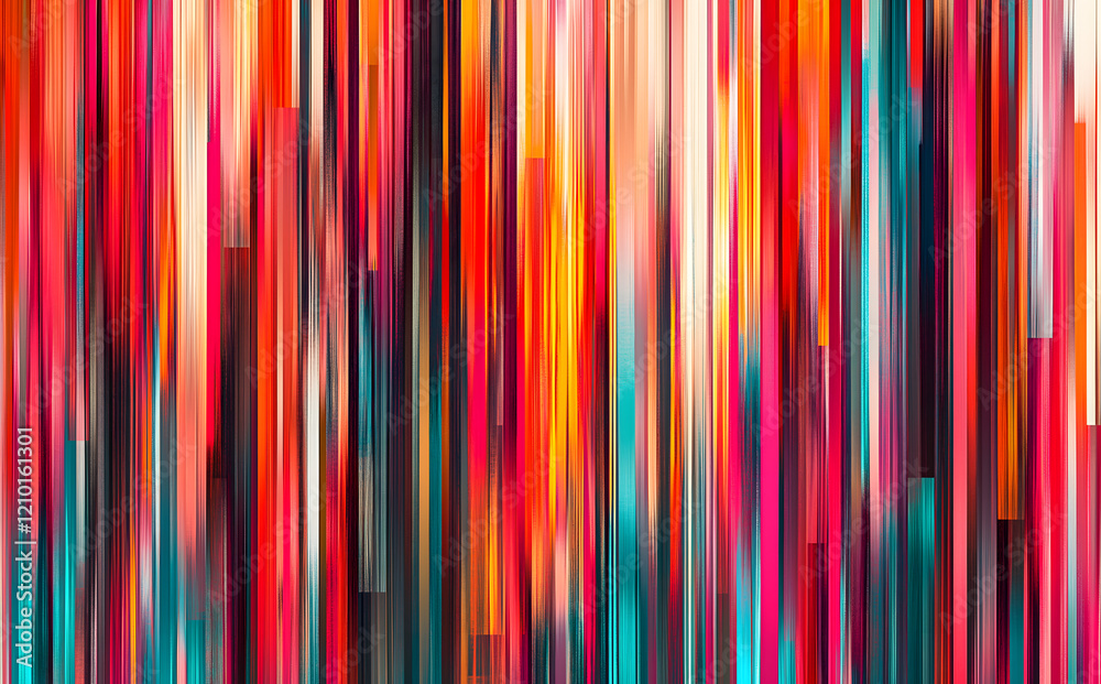 Abstract colorful vertical glitch background with vibrant stripes in red, orange, pink and turquoise hues