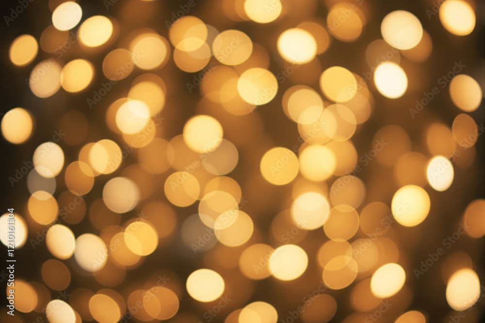 Fototapeta premium Abstract golden bokeh lights background with soft glowing circles on dark backdrop.