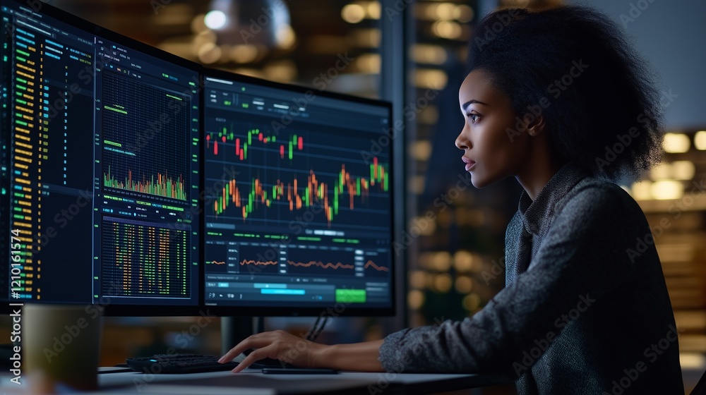 A woman uses and analyzes a stock chart on a computer screen. A woman uses and analyzes a stock chart on a computer screen.