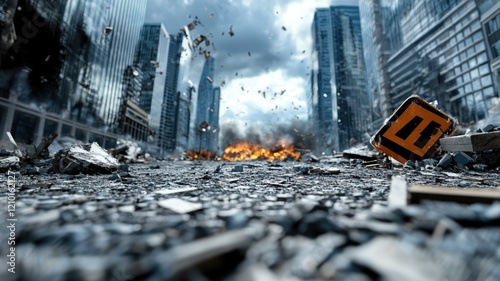 Urban destruction scene with debris and smoke rising amidst tall buildings photo