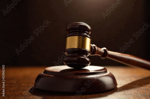 A polished wooden gavel sits on its circular base, symbolizing authority and justice. Warm lighting creates a serious atmosphere, emphasizing its importance in legal proceedings. photo