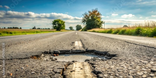 Close-up view of a significant pothole on a rural asphalt road, extending towards a sun-drenched horizon with trees and fields