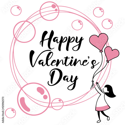 Lively Valentine's Day Typography with Bubbles and Pink Hearts. Perfect for: Valentine's Day, romantic getaways, weddings, creative celebrations