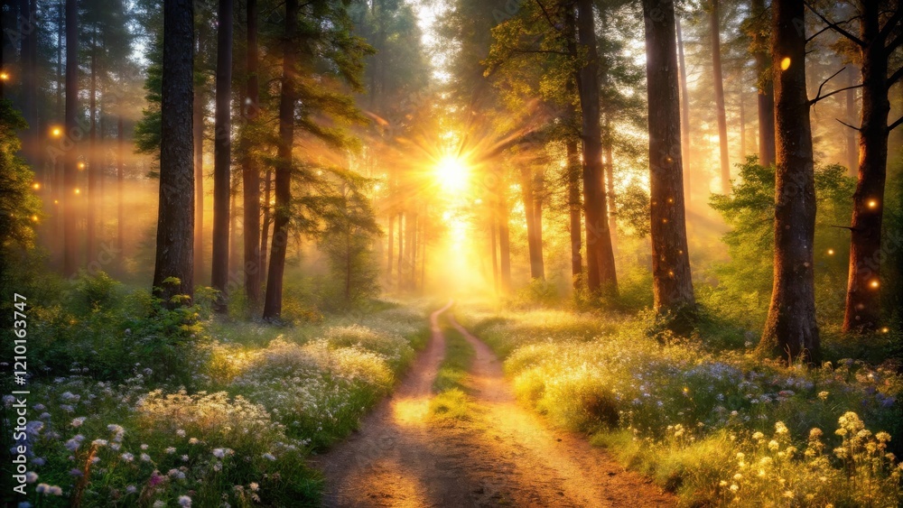 Obraz premium Golden Sunrise Illuminates a Mystical Forest Path Lined with Blooming Wildflowers
