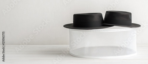 Two black fedoras in a mesh storage bag on white wood, minimalist background photo