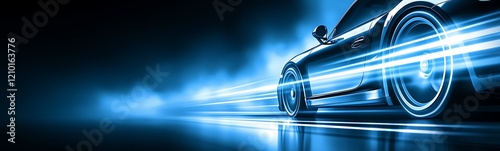 Fast car speeding, blue light trails.