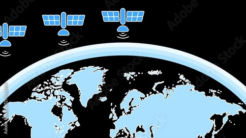 satellite network connection and world map animation, 2d earth sharing data with universe