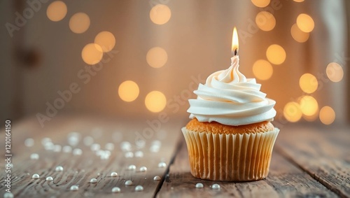 A single whimsical cupcake with fluffy buttercream frosting and a lit candle, placed on one side of a rustic wooden table, surrounded by subtle scattered confetti