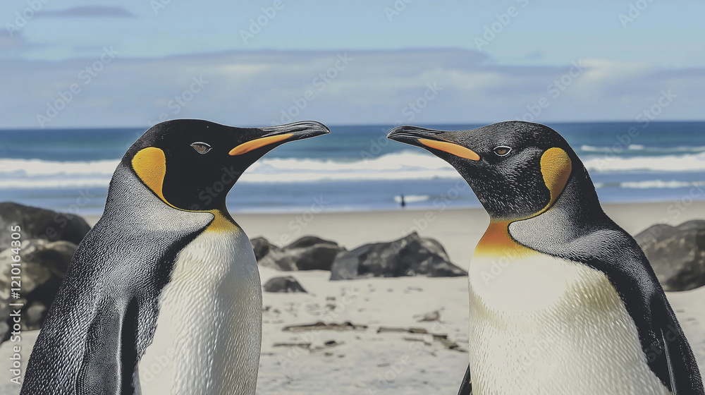 Fototapeta premium Two penguins stands together at sea shore.