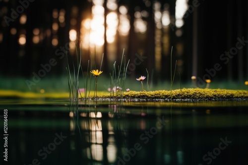 Delicate Small Flower Emerging from Calm Water Surface Surrounded by Soft Greenery and Tranquil Nature photo