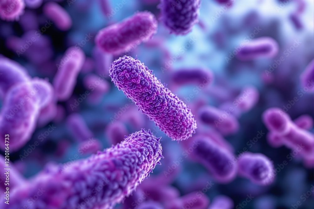 Naklejka premium Purple bacteria floating against a gradient background, showcasing microbiology in illustrative detail.