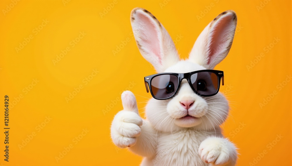 White easter bunny wearing sunglasses showing thumbs up on orange background White easter bunny wearing sunglasses showing thumbs up on orange background