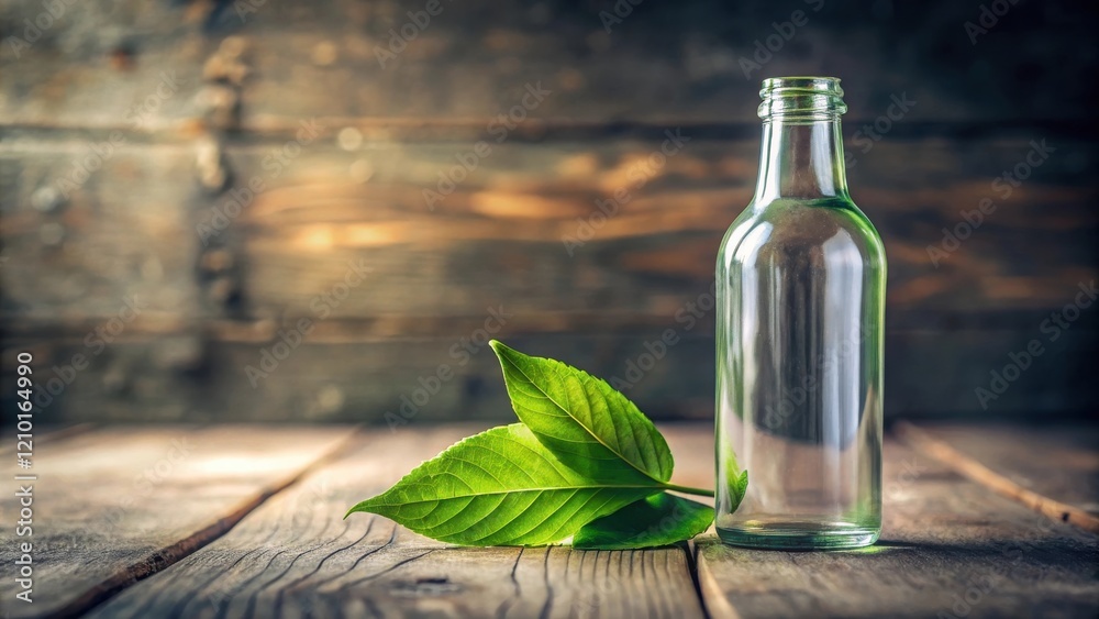 An Empty Glass Bottle Rests on Rustic Wood Beside Lush Green Leaves An Empty Glass Bottle Rests on Rustic Wood Beside Lush Green Leaves