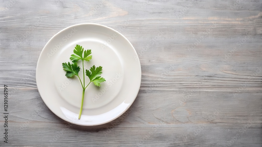 A single sprig of fresh parsley rests on a pristine white plate, set against a backdrop of light gray wood. A single sprig of fresh parsley rests on a pristine white plate, set against a backdrop of light gray wood.