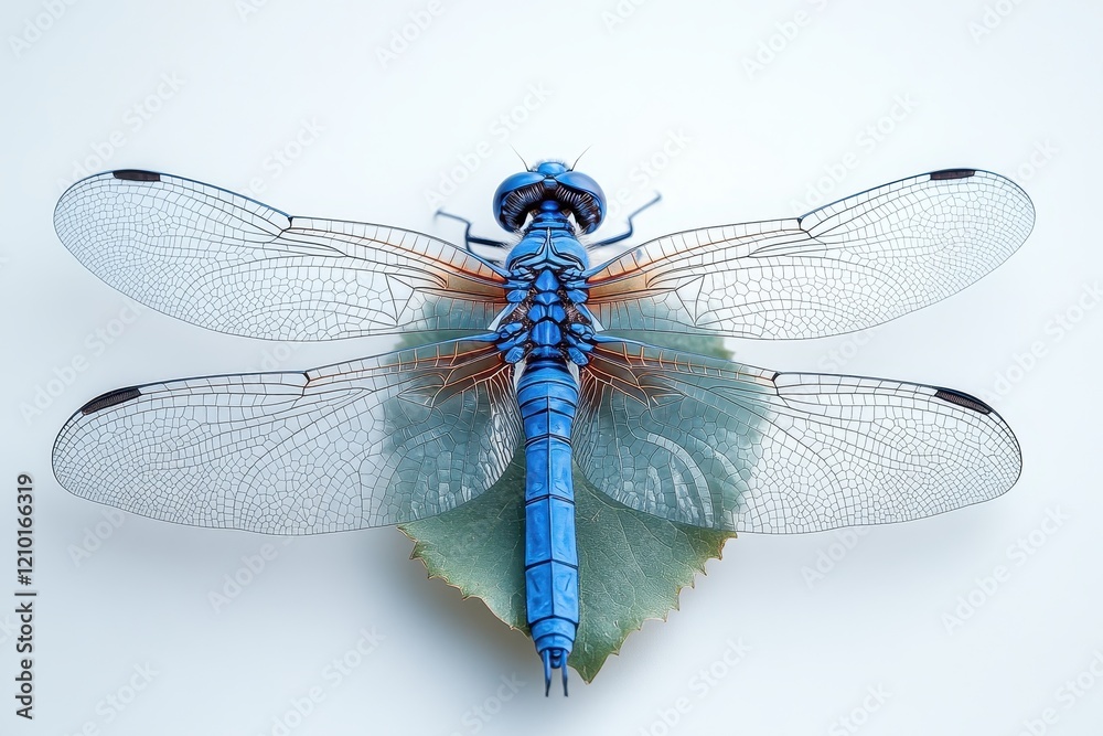 A detailed view of a blue dragonfly resting on a green leaf. A detailed view of a blue dragonfly resting on a green leaf.