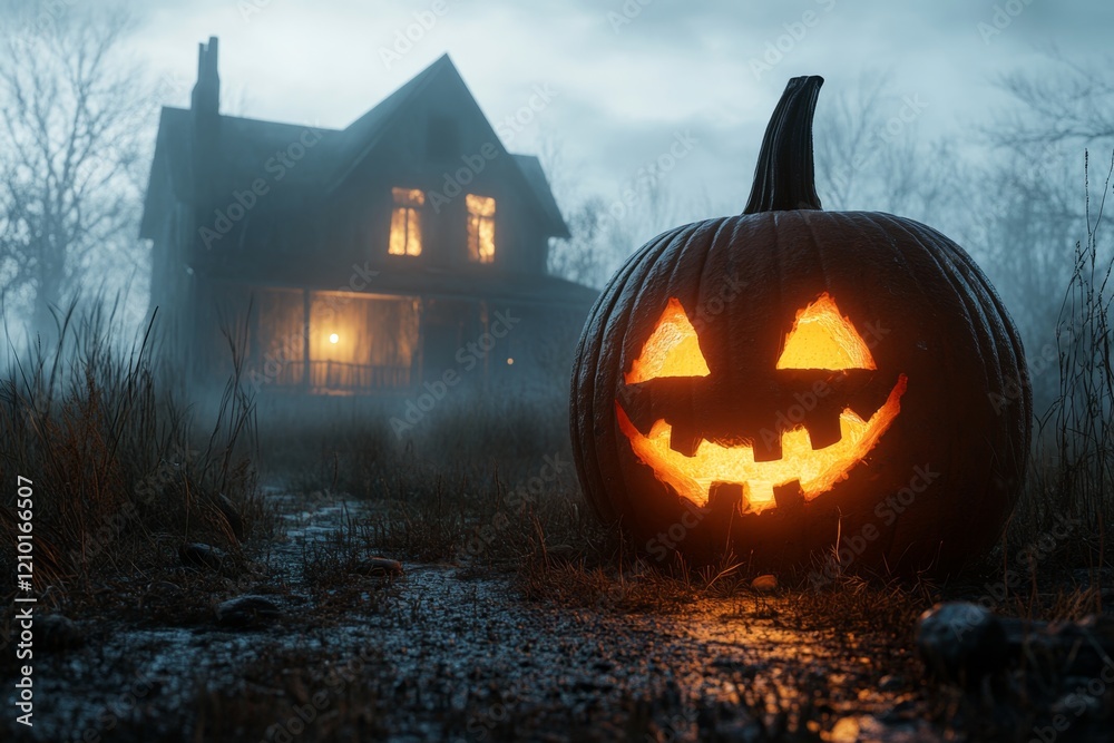 A glowing jack-o'-lantern in a pitch-black yard, with faint, eerie laughter echoing in the background A glowing jack-o'-lantern in a pitch-black yard, with faint, eerie laughter echoing in the background