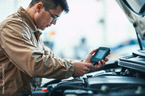 Technician using diagnostic tool or obdii scanner on engine , Automotive concept , Generative AI