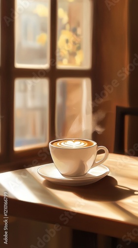 Wallpaper Mural Close-up of a steaming cup of coffee on a sunlit table near a window in a cozy cafe setting Torontodigital.ca