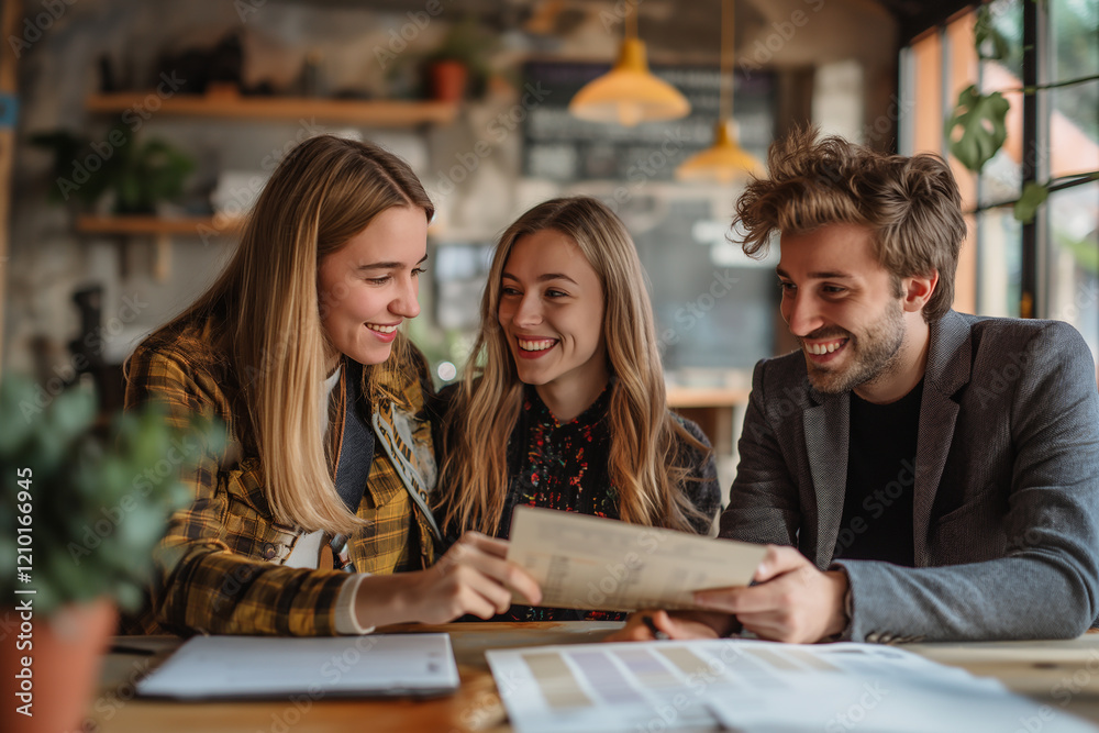Three people are sitting at a table, looking at a menu Three people are sitting at a table, looking at a menu