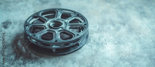 Film reel on textured surface, nostalgic background, movie industry photo