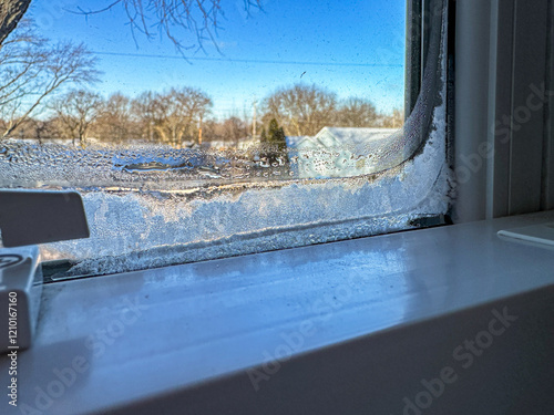 Ice collecting on the inside of a window on an extremely cold winter day  photo