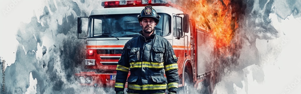 Portrait of a firefighter standing confidently in front of a fire truck amidst smoke and flames Portrait of a firefighter standing confidently in front of a fire truck amidst smoke and flames