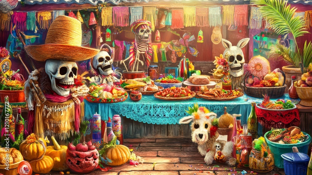 Naklejka premium Viva Mexico cartoon flyers, mexican symbols skulls in sombrero, donkey pinatas, garlands and and maracas. Festive invitation for festival, traditional live music party, Mexico holiday vector posters
