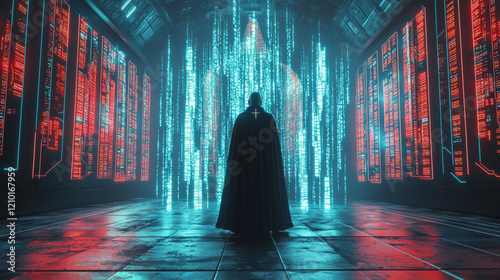 futuristic inquisitor stands high tech spacecraft, surrounded by glowing data streams and vibrant neon lights, evoking sense