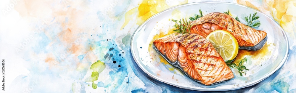 Grilled salmon fillets served with lemon on a watercolor background highlighting freshness and flavor Grilled salmon fillets served with lemon on a watercolor background highlighting freshness and flavor
