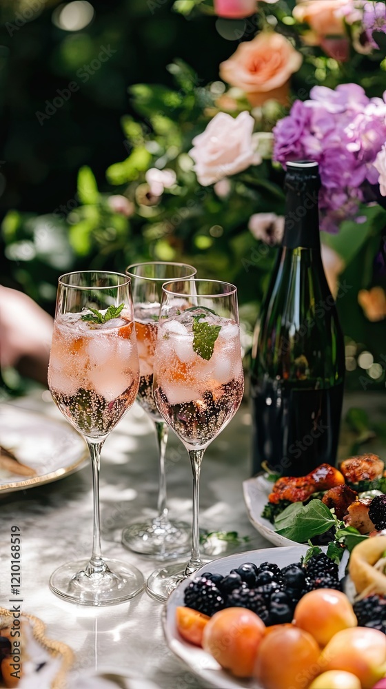 Sparkling Rose Drinks Served Outdoors With Berries Sparkling Rose Drinks Served Outdoors With Berries