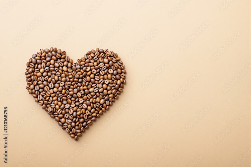 Coffee beans arranged in a heart shape on a light beige background. Coffee beans arranged in a heart shape on a light beige background.