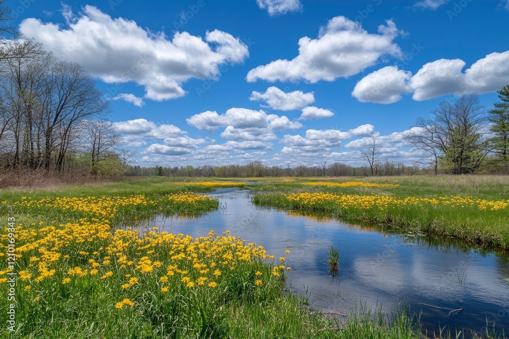 Serene Spring Meadow: Yellow Flowers and a Winding Creek Under a Blue Sky Serene Spring Meadow: Yellow Flowers and a Winding Creek Under a Blue Sky