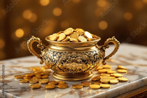 Ornate golden bowl filled with shiny gold coins on marble background with blurred golden lights. photo