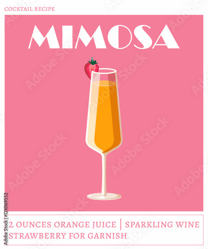 Mimosa cocktail on the pink background. Vector illustration of classical alcoholic drink. Cocktail recipe poster