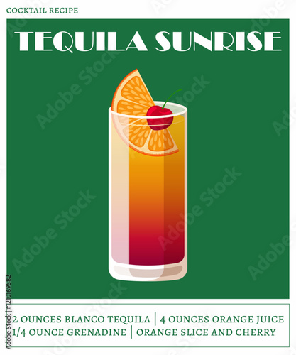 Tequila sunrise cocktail on the green background. Vector illustration of summer refreshing drink. Alcoholic cocktail recipe poster