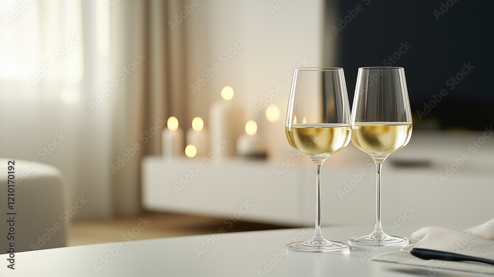 Wine Lover's Delight: Two Glasses of White Wine on a Tabletop, Ready to Be Savor. Wine Lover's Delight: Two Glasses of White Wine on a Tabletop, Ready to Be Savor.