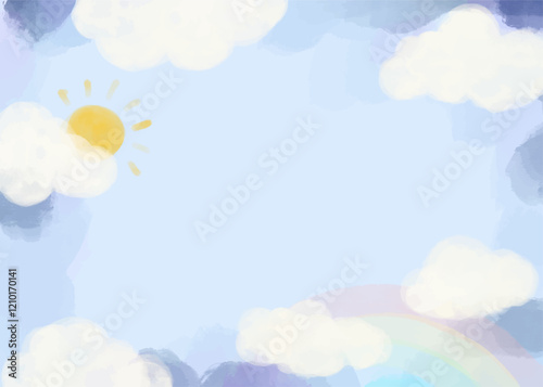 blank watercolor pastel blue color cloud in a sky with sun rainbow glittery stars illustration background wallpaper greeting card template space for text landscape cute