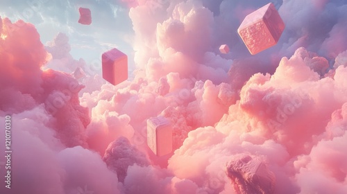 Pink Cubes Float Amidst Dreamlike Pastel Clouds