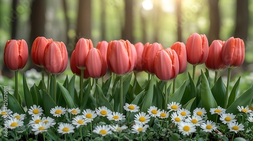 A softly blurred spring background with a mix of tulips, daisies, and soft sunlight filtering through the leaves. photo