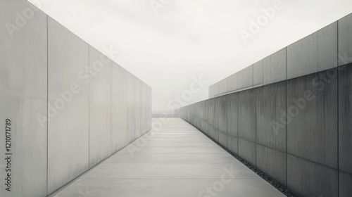 Exploring a minimalist pathway framed by gray walls on an overcast day in an urban setting