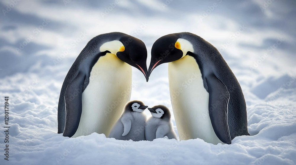 Obraz premium two penguins loving each other with their babies.