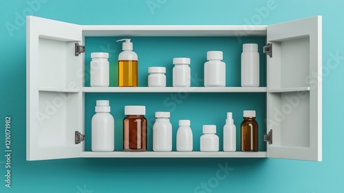 Organized Medicine Cabinet with Various Bottles on Turquoise Background