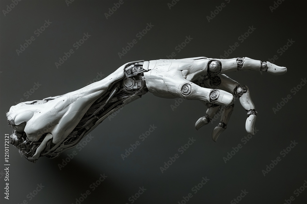 Dark-colored AI robotic hand with dystopian details Dark-colored AI robotic hand with dystopian details