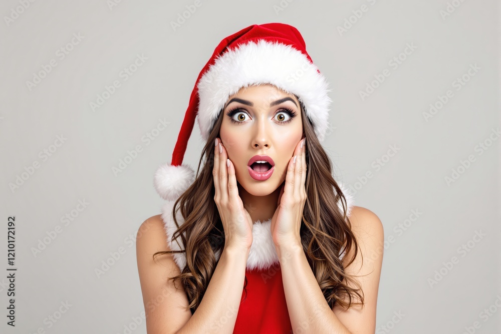 Surprised woman wearing Santa hat with wide eyes and open mouth. Surprised woman wearing Santa hat with wide eyes and open mouth.