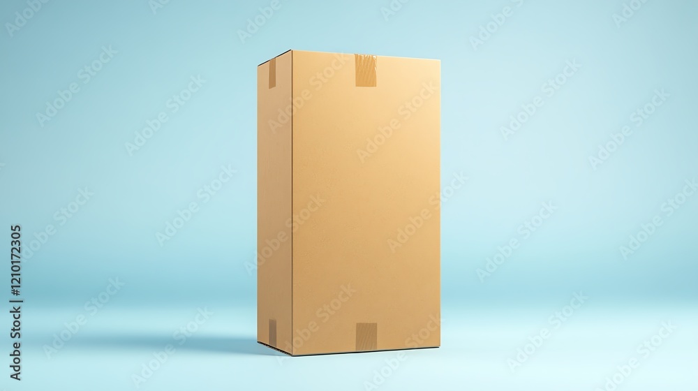 A plain brown cardboard box stands upright against a soft blue background, emphasizing simplicity and versatility in packaging.